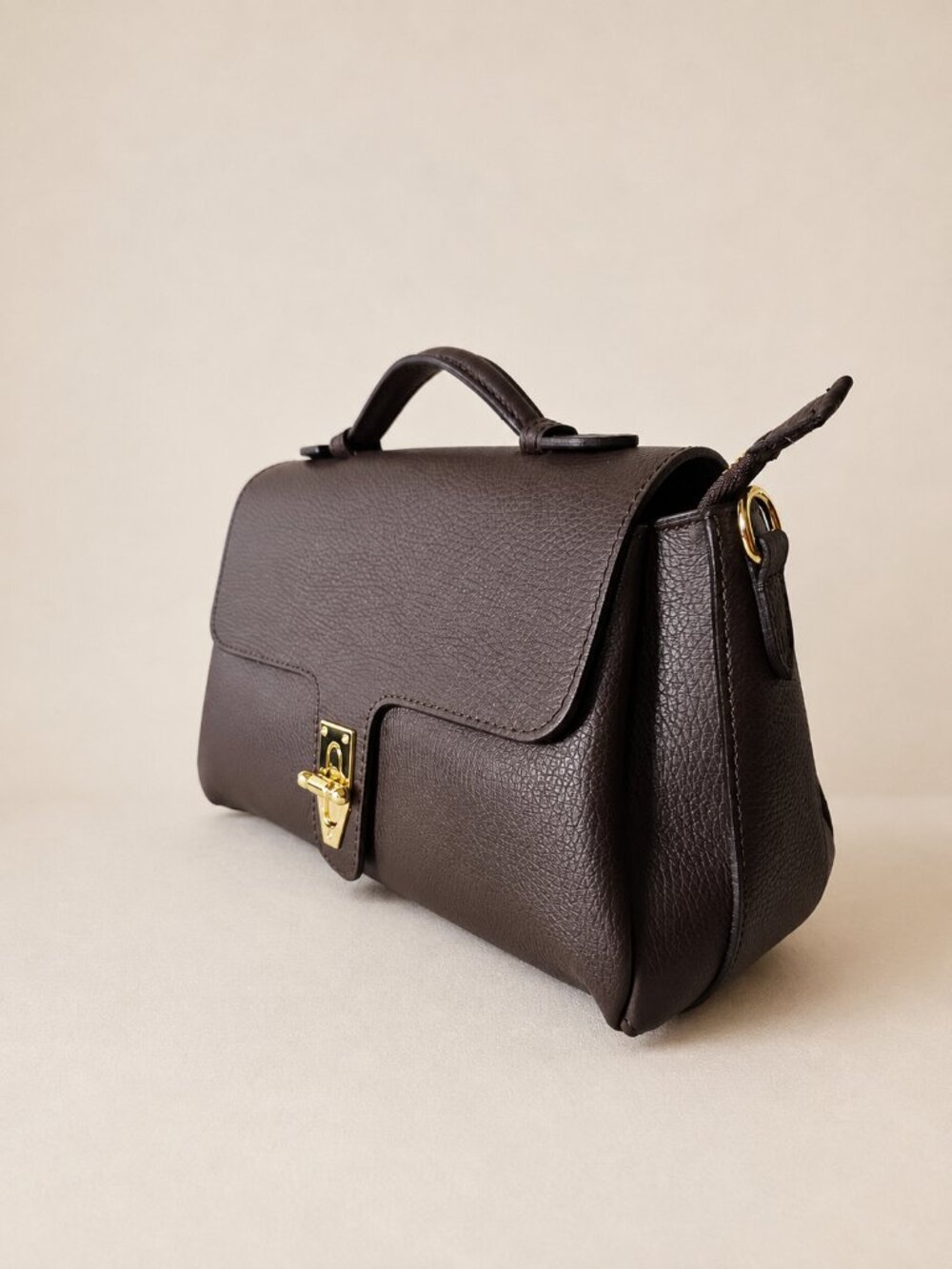 Dark Brown Italian Leather Handbag – Elegant Top Handle Satchel - Picture 6 of 13
